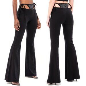 OMIGHTY OG G-String Flared Pants Black Rhinestone Y2K Double Lined Stretch Sexy